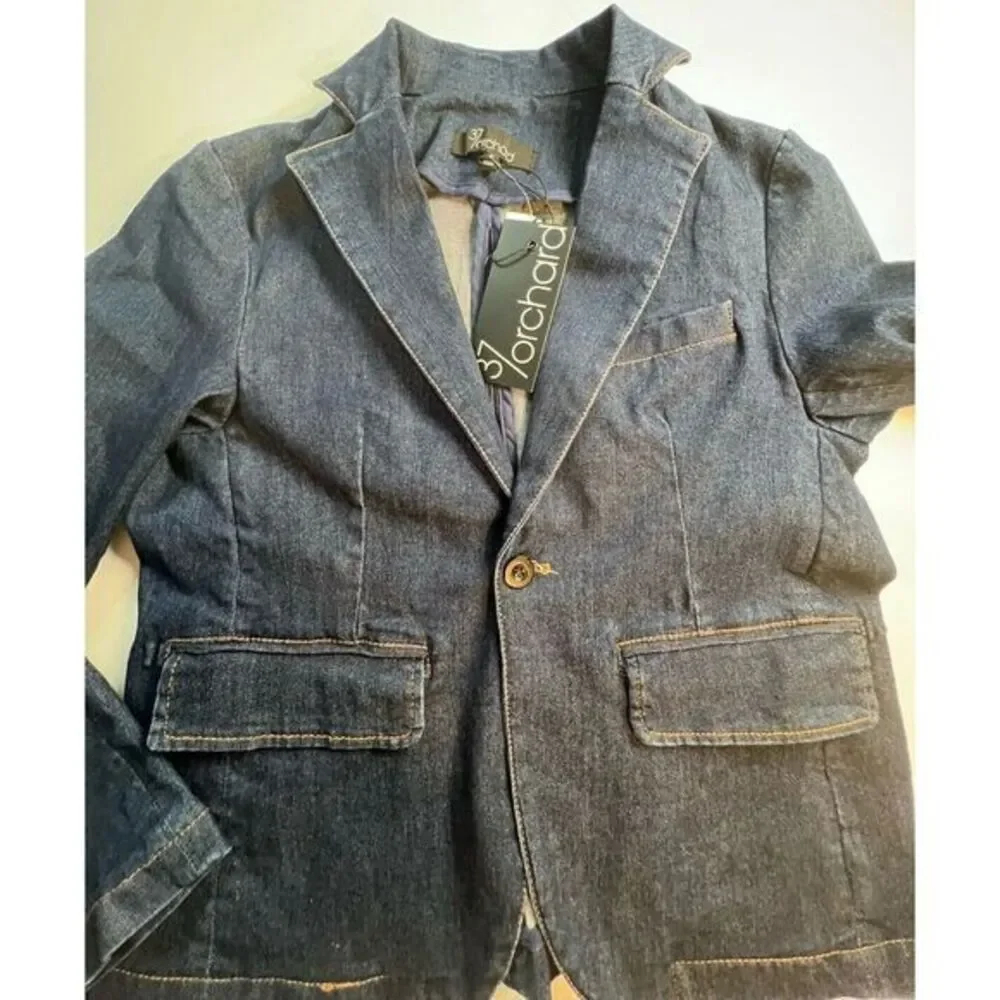 37 orchard Womens Blazer Size S Small Dark Wash Blue‎ Denim NWT One Button Sharp